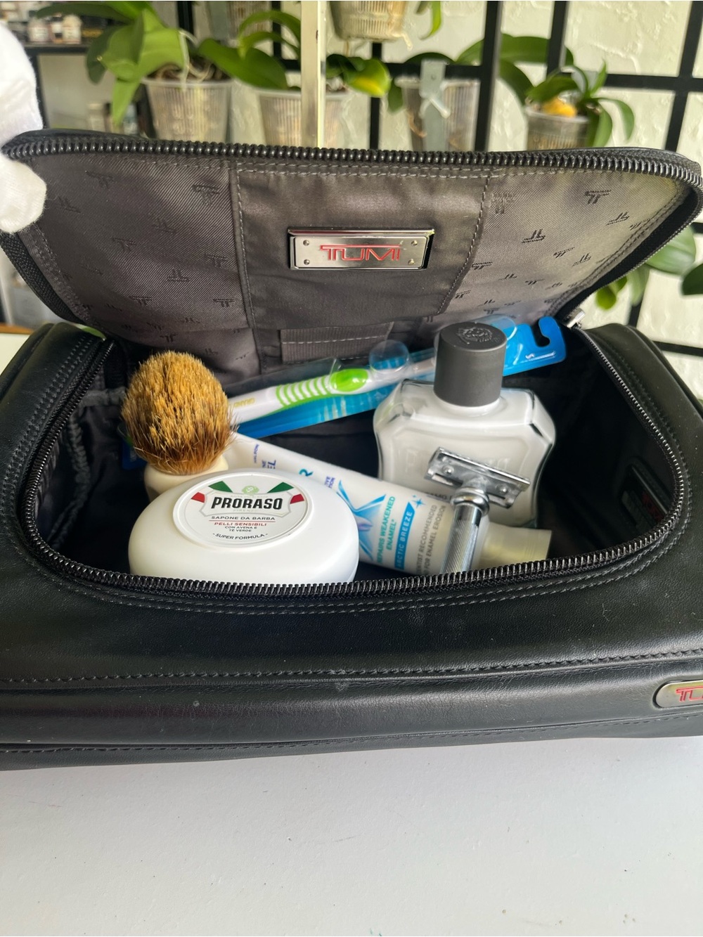 TUMI Men's Black Leather Travel Dopp Kit Toiletry Bag